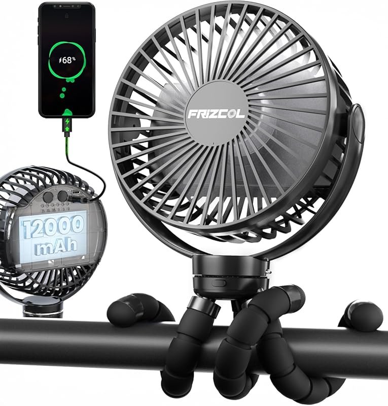 FRIZCOL Portable Stroller Fan, 12000mAh Rechargeable Power Bank Fan wi