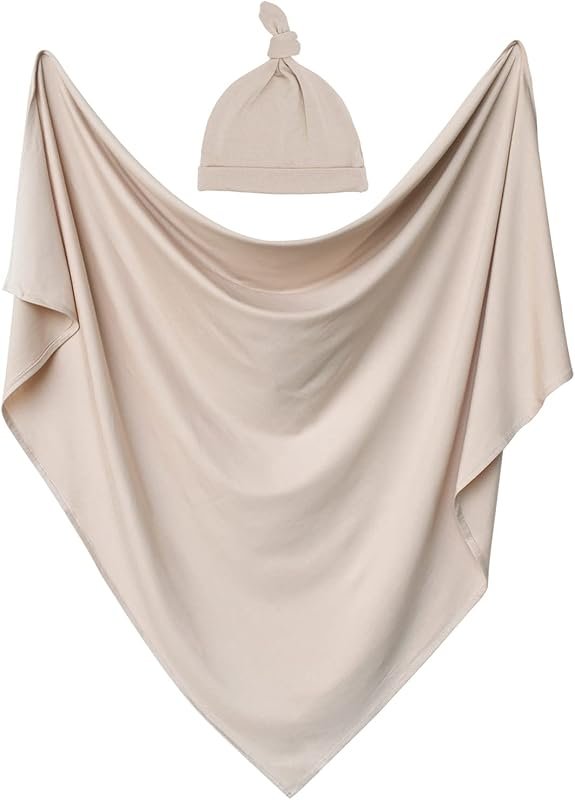 OWLOWLA Swaddle Blanket and Hat Set for Newborns, Sand