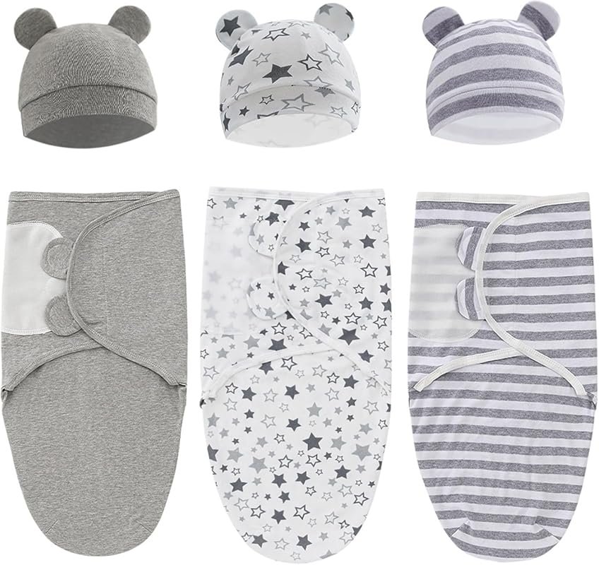 Baby Swaddle Sleep Sack Set with Hat, 3-Pack, Soft Cotton