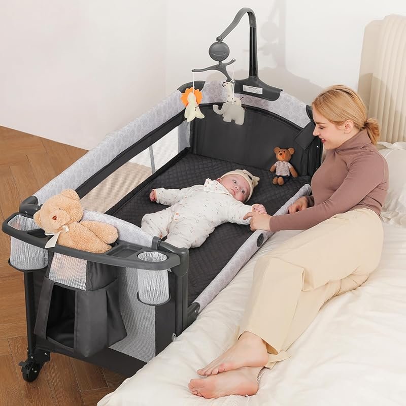 ELEMARA 4-in-1 Baby Bassinet Bedside Crib with Diaper Changer and Stor