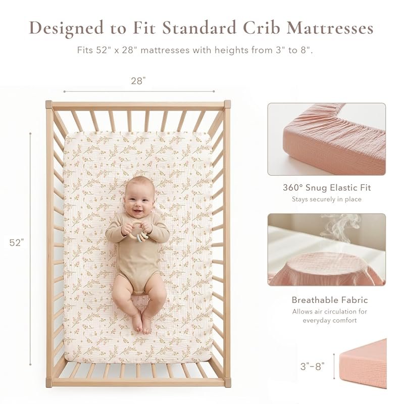 Konssy 2-Pack Muslin Crib Sheets, Soft Breathable Cotton for Standard