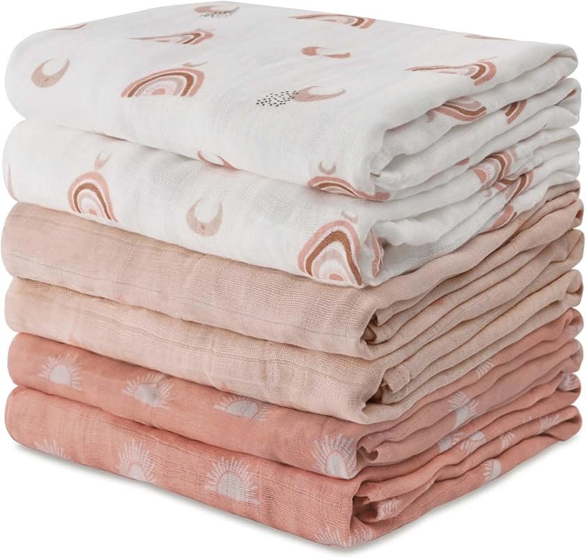 GLLQUEN BABY Cotton Muslin Swaddle Blankets, 6-Pack Breathable Soft Re