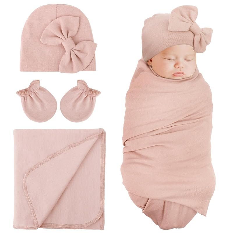 DRESHOW BQUBO Newborn Receiving Blanket Set with Bow Hat and Gloves