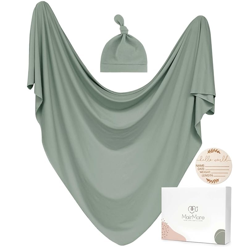 MairMore Baby Swaddle Receiving Blanket Set with Matching Beanie, Gree