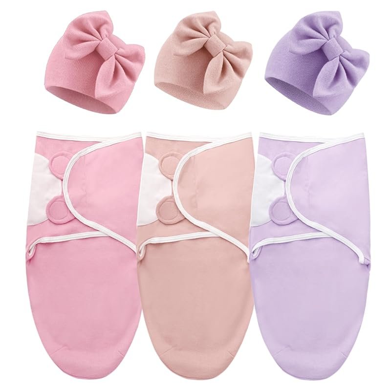 DRESHOW BQUBO 3-Pack Newborn Swaddle Blankets with Hats, Bear Ears, 0-