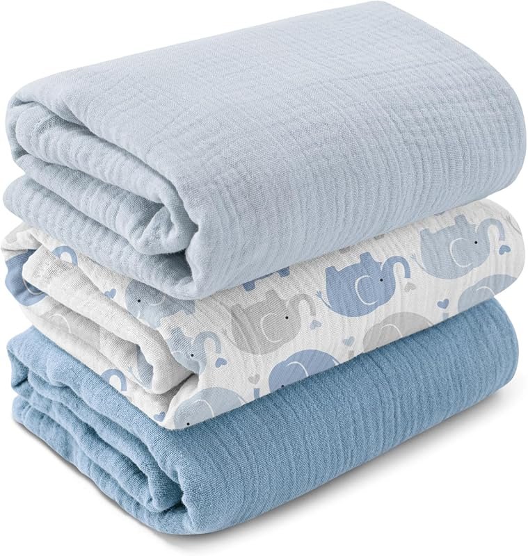 GLLQUEN BABY Muslin Swaddle Blankets, 3-Pack Soft Breathable Elephant 