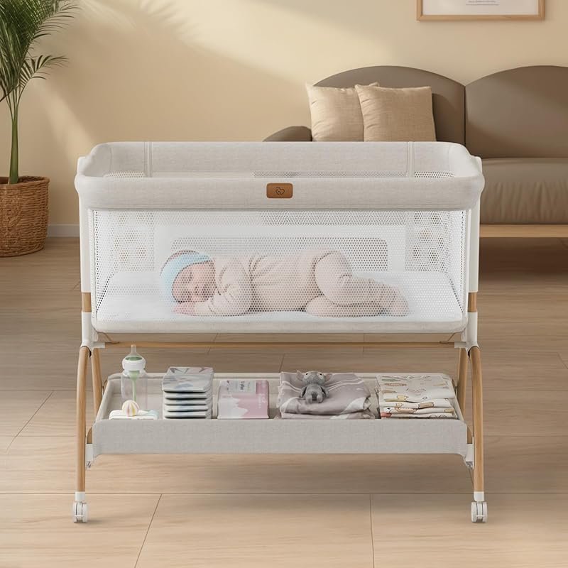 Baby Bassinet Bedside Crib, 3-in-1 Sleeper with Mattress, Breathable S