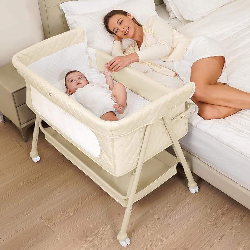 Newborn Baby Crib Bedside Bassinet with Breathable Mesh, Mattress, Loc