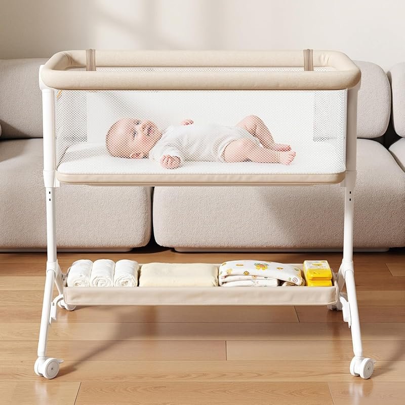 Portable Bedside Bassinet with All-Mesh Design, Washable Mattress, Adj