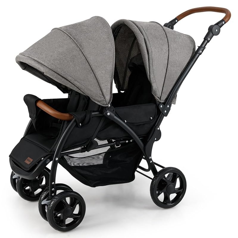 INFANS Foldable Double Stroller with Adjustable Backrest, Canopy, Foot