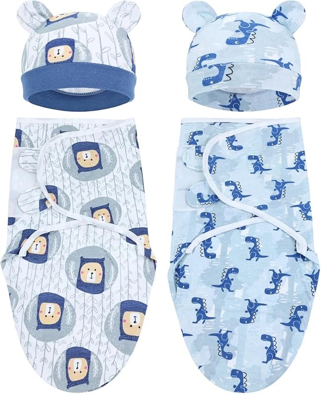 Cinaci 2-Pack Adjustable Cotton Blend Newborn Swaddle Blankets with Ha