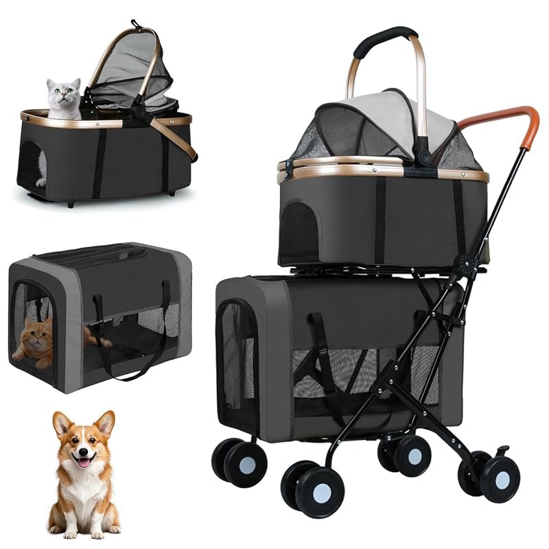 Double Pet Stroller for Dogs and Cats, Foldable Travel Carriage, Detac