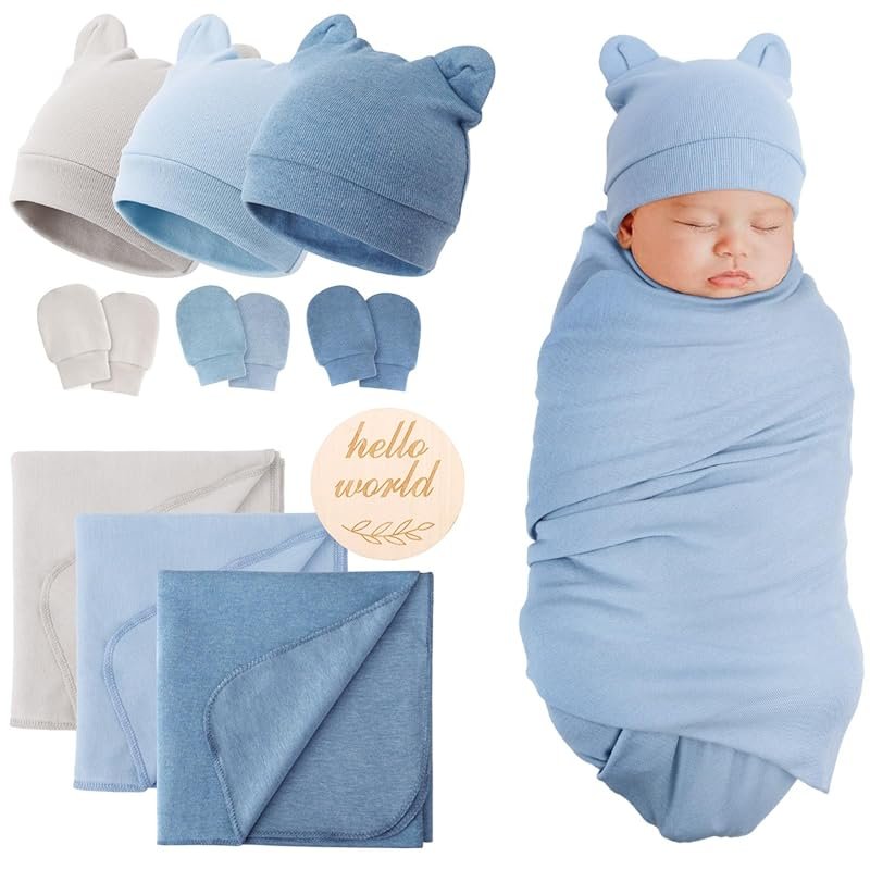 BQUBO 3-Set Cotton Baby Swaddle Blankets with Hats and Mittens
