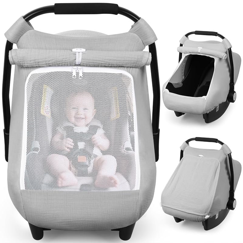Rquite Breathable Muslin Baby Car Seat Cover with Mesh Window and Sun 
