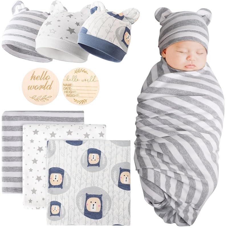 DRESHOW BQUBO Cotton Baby Swaddle Hat Set with Bear Ears and Card