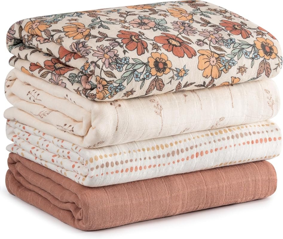 Muslin Swaddle Blankets, 4-Pack Cotton Breathable Baby Receiving Blank