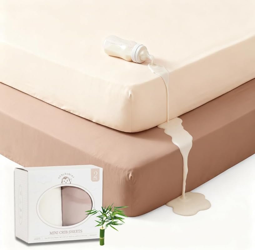 Bamboo Mini Crib Sheets 2-Pack, Waterproof Jersey Knit Fitted Sheets w