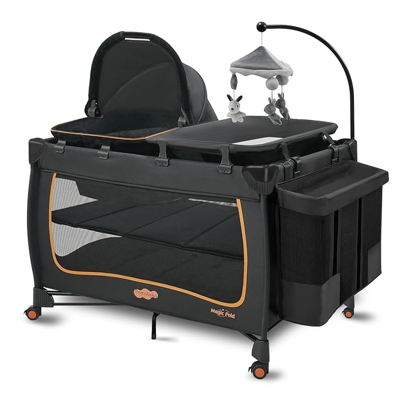 Pamo Babe 6-in-1 Pack and Play with Bassinet, Changing Table, Toys Bar