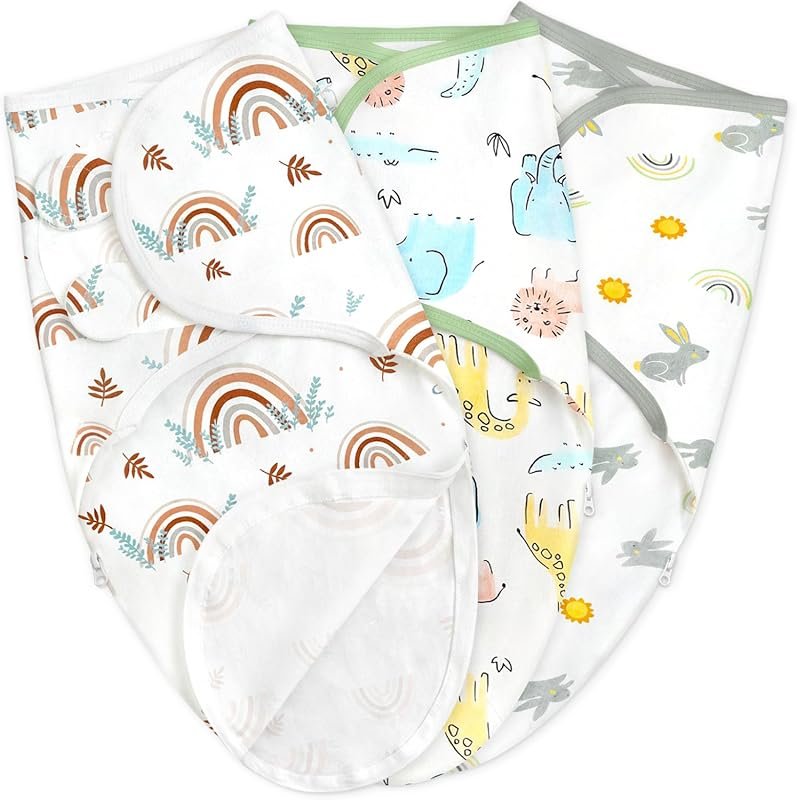 3-Pack Cotton Newborn Swaddle Wraps, Adjustable Zipper Swaddling Blank
