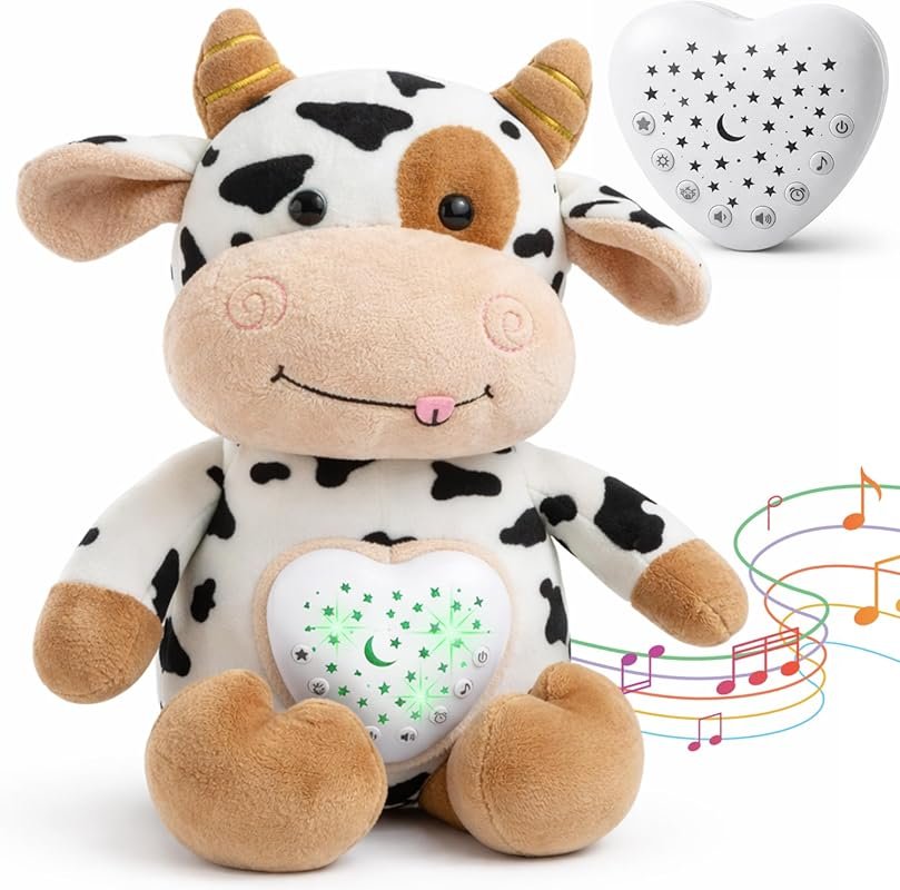Plush Cow Baby Sound Machine with Cry Detector, Star Projector, 15 Mel